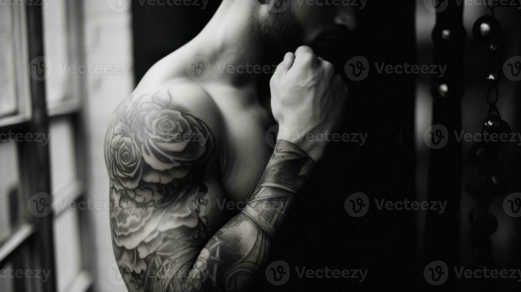 ai genererad en man med en reste sig tatuering på hans ärm, ai foto