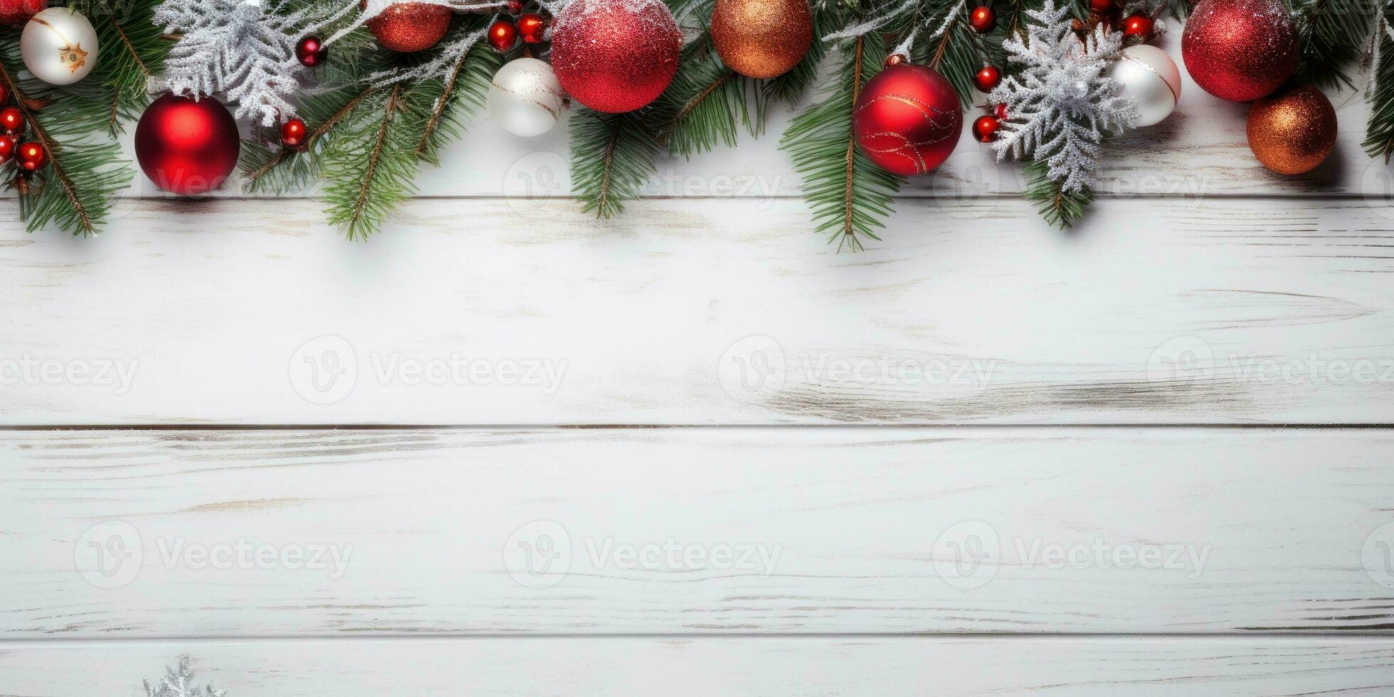 ai genererad en vit trä- tabell toppade med jul dekorationer, ai foto