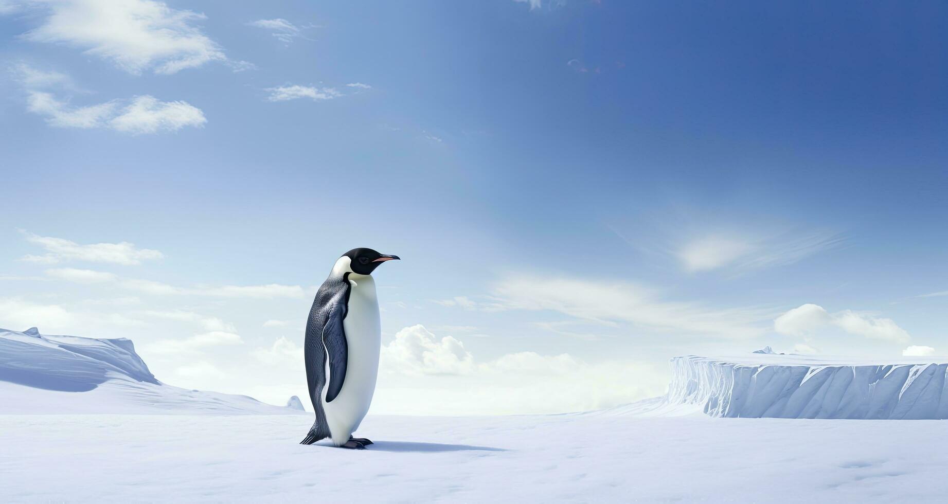 ai genererad pingvin stående i antarctica ser in i de blå himmel. ai genererad foto
