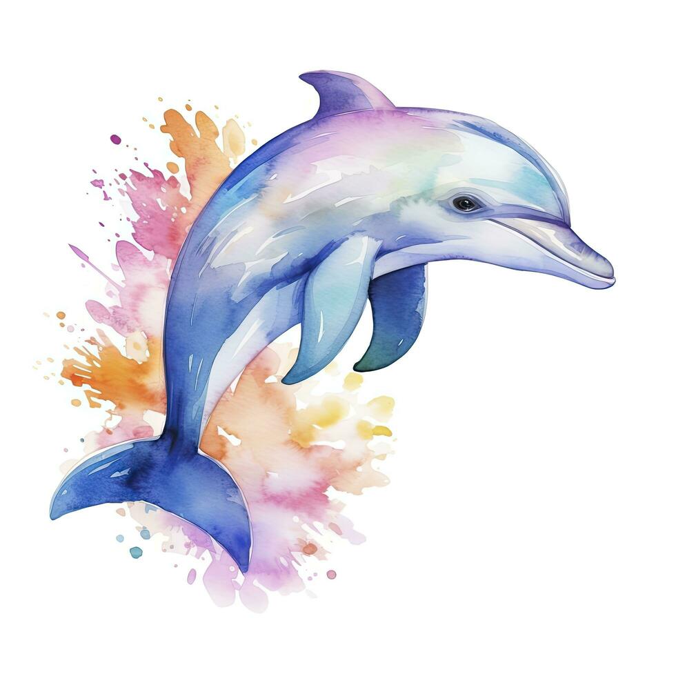 ai genererad vattenfärg fantasi bebis delfin klämma konst isolerat vit bakgrund. ai genererad foto