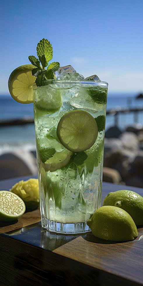 ai genererad fantastisk Foto av cocktail mojito, en solig sommar strand i de bakgrund. generativ ai