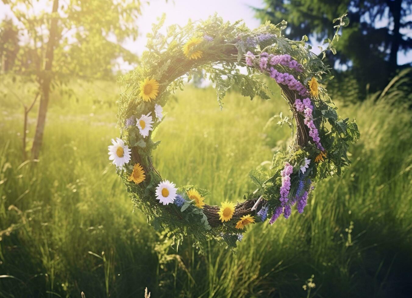 ai genererad rustik vild krans på en solig äng. sommar solstånd dag, midsommar begrepp. generativ ai foto