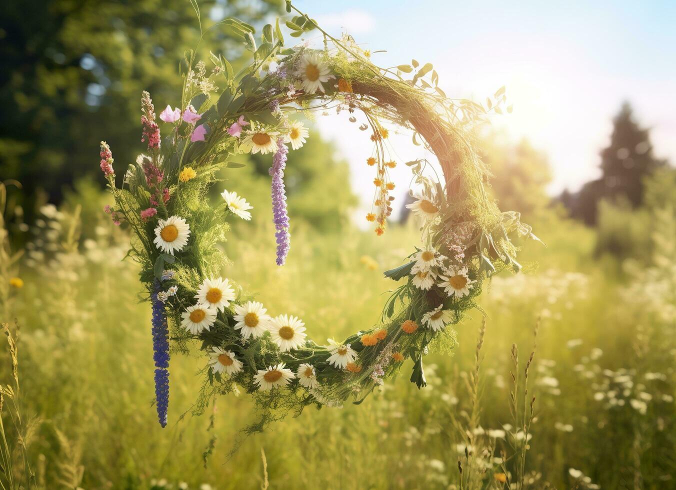 ai genererad rustik vild krans på en solig äng. sommar solstånd dag, midsommar begrepp. generativ ai foto