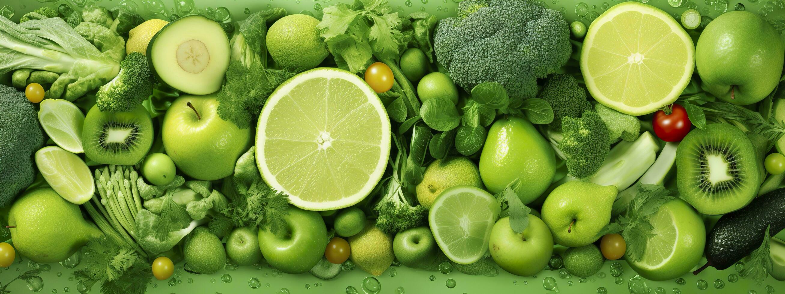 ai genererad baner layout av grön frukt och grönsaker. generativ ai. foto