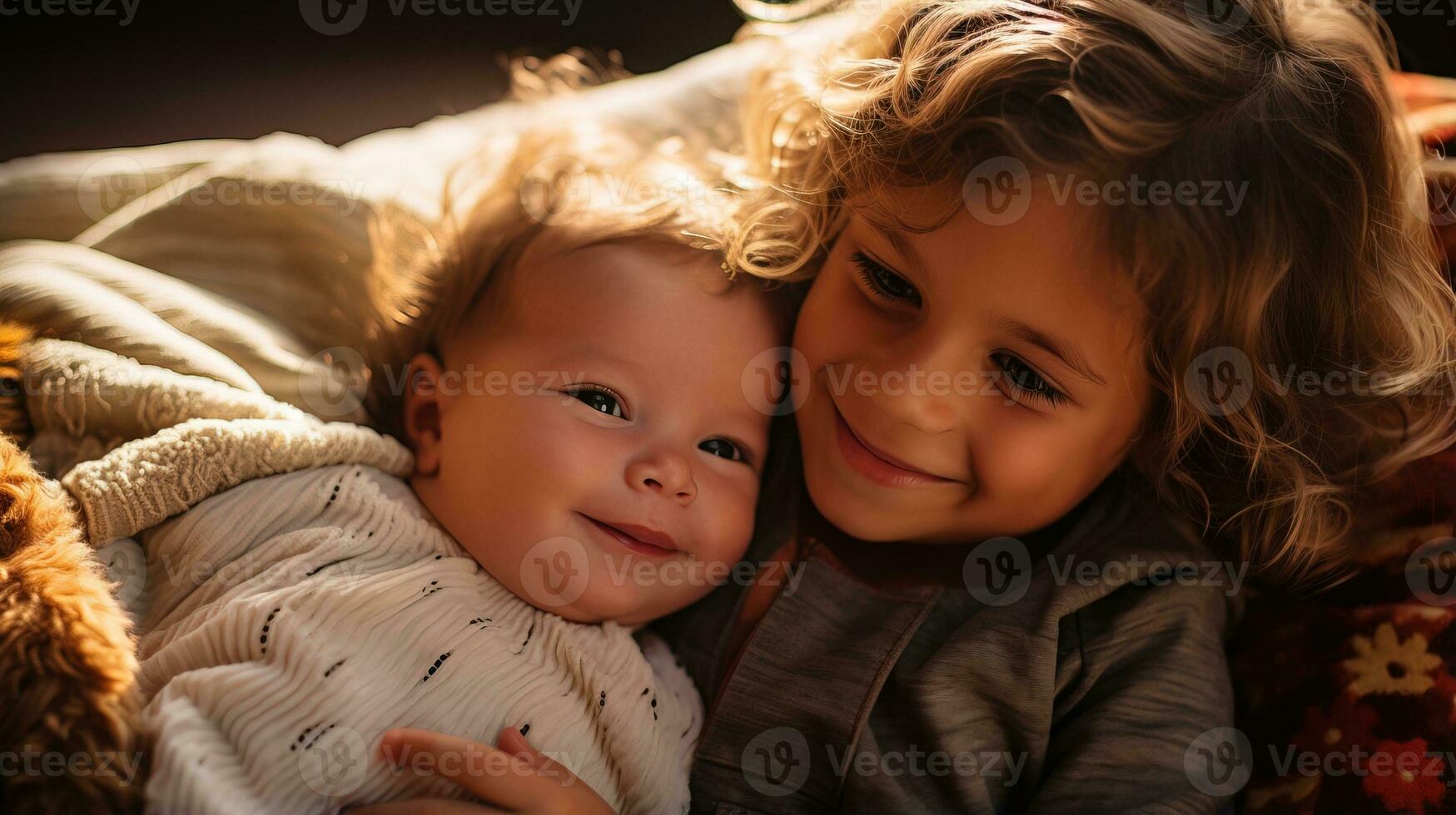 ai genererad glad liten pojke kärleksfullt omfamnar hans nyfödd bror i en bekväm säng miljö. generativ ai foto