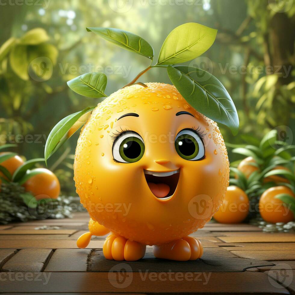 ai genererad 3d realistisk tecknad serie söt orange frukt foto