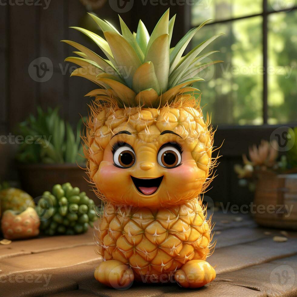 ai genererad 3d realistisk tecknad serie söt ananas frukt foto