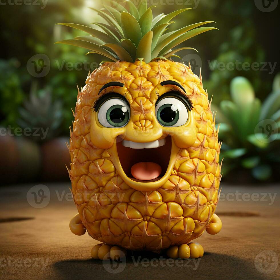 ai genererad 3d realistisk tecknad serie söt ananas frukt foto