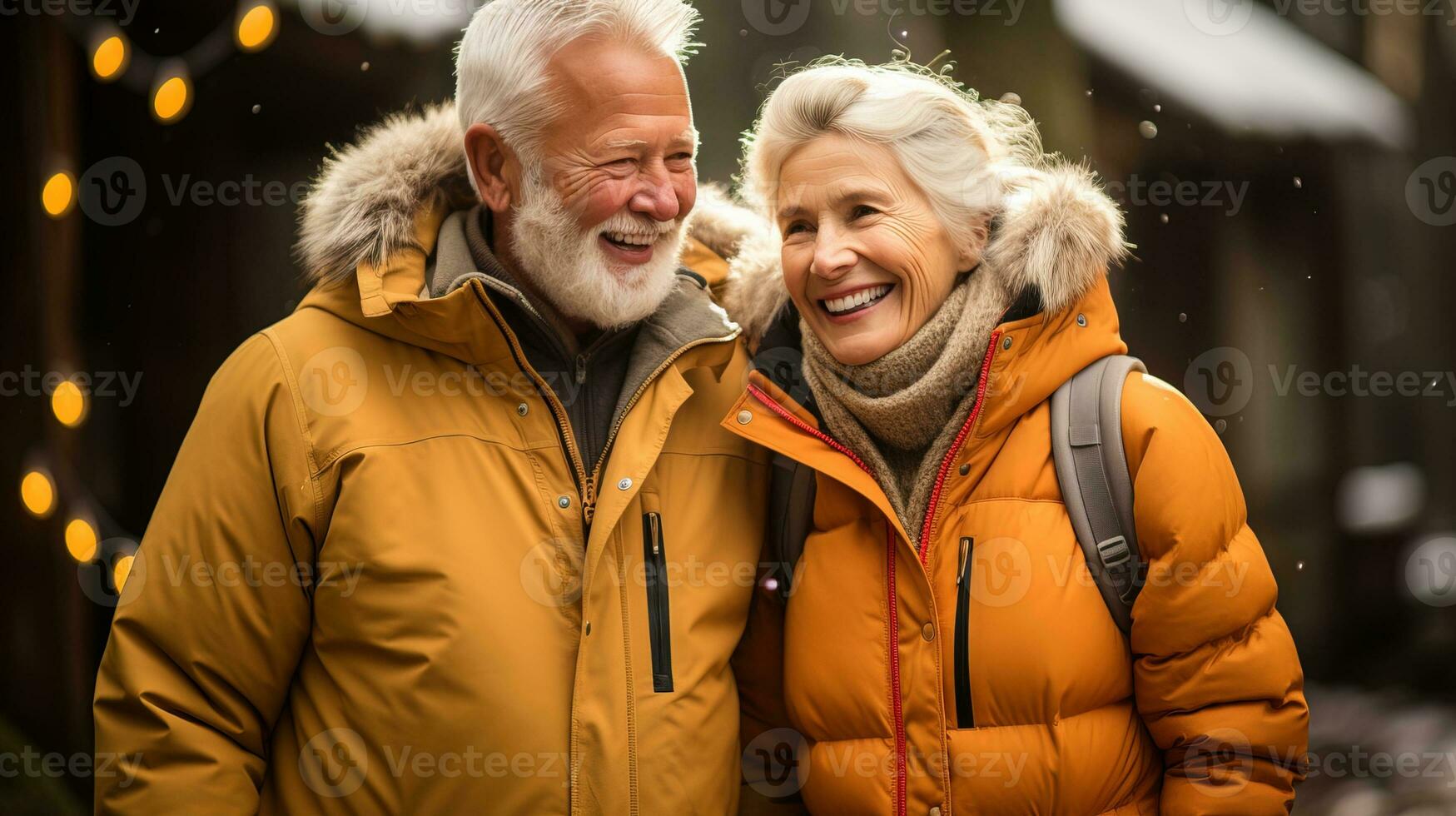 ai genererad äldre par tar en vinter- promenad i en tyst snöig skog. generativ ai foto