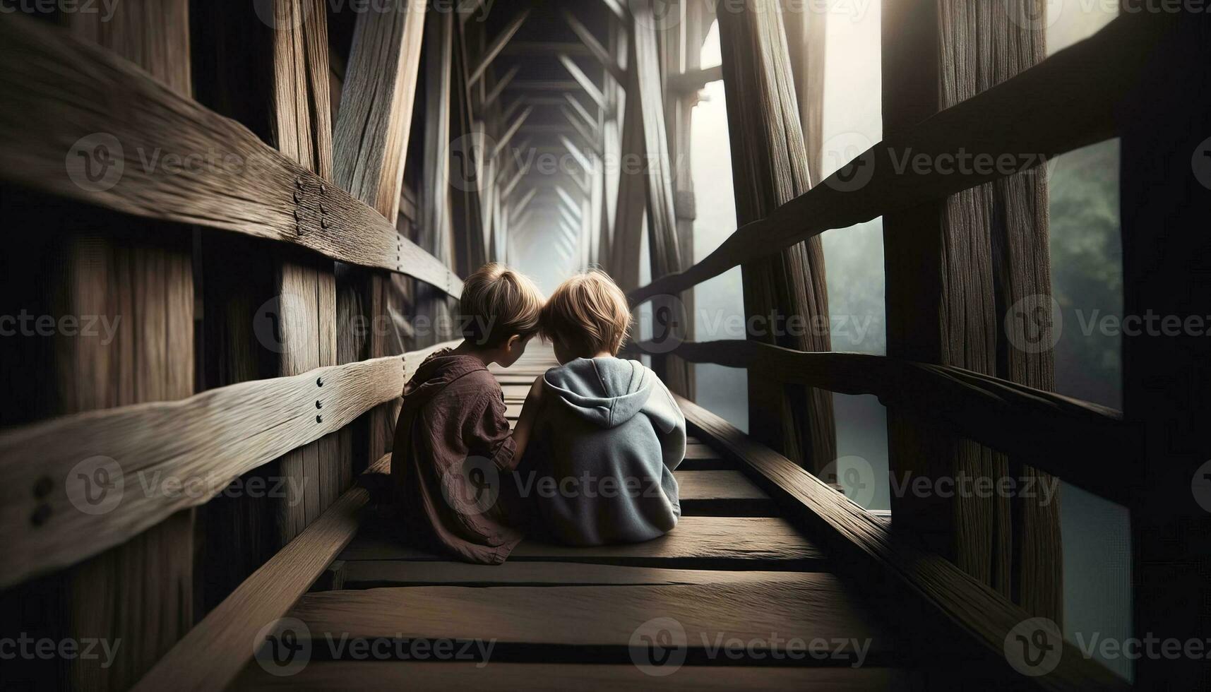 ai genererad två barn spendera tid lyckligt på ett gammal trä- bro. generativ ai foto