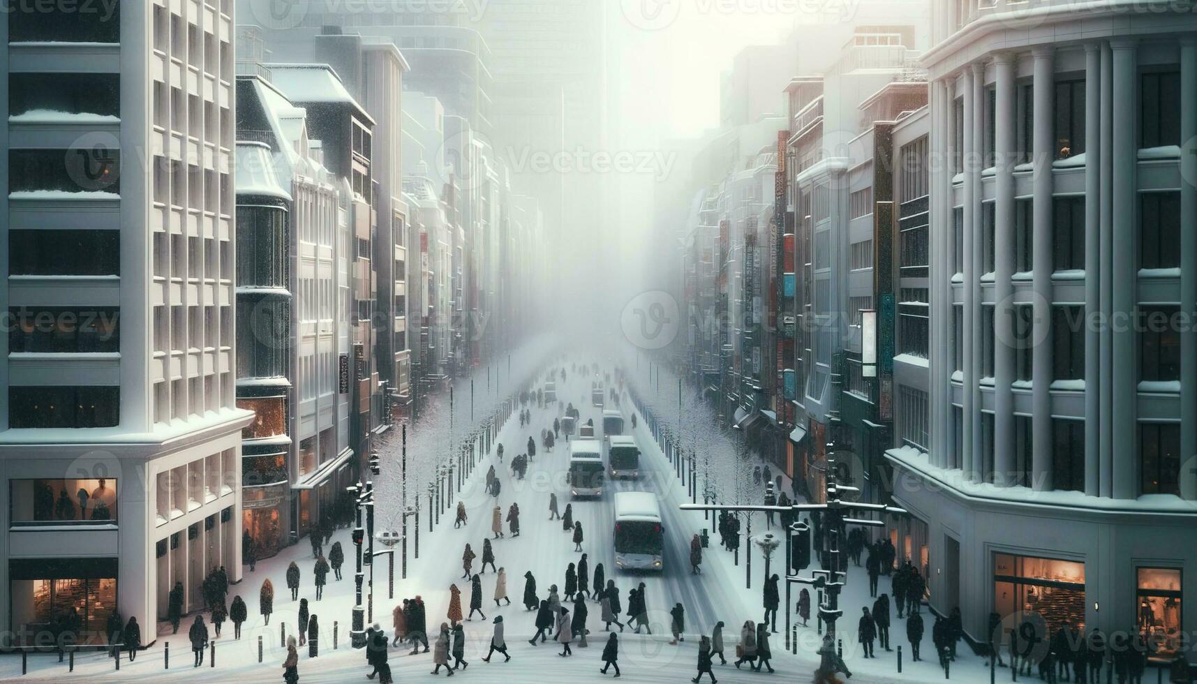 ai genererad de stadsbild ändringar i vinter- när byggnader är täckt med en vit filt. generativ ai foto