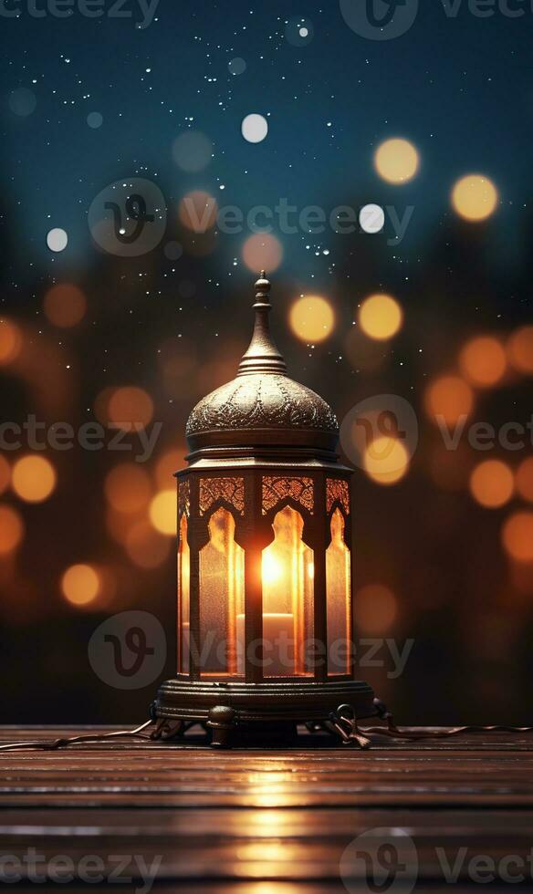 ai genererad skön brinnande arabicum lykta på trä- tabell, ramadan bakgrund med kopia Plats för text foto