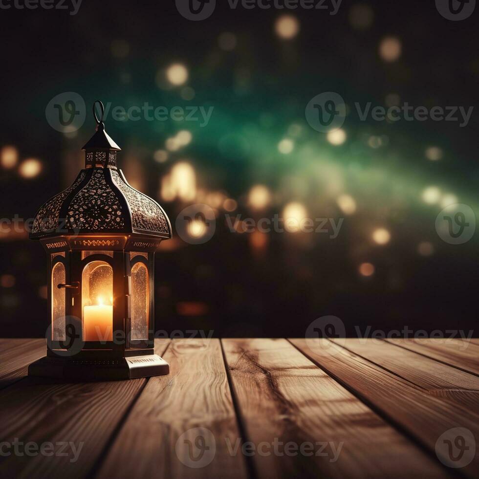 ai genererad skön brinnande arabicum lykta på trä- Bakom moské bakgrund, ramadan foto