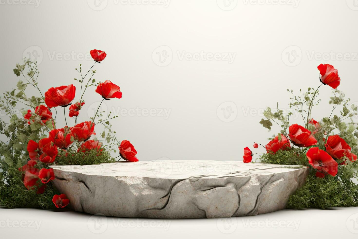 ett onyggad grov vit sten podium med vallmo och fält örter växande Bakom. grå minimalistisk bakgrund foto