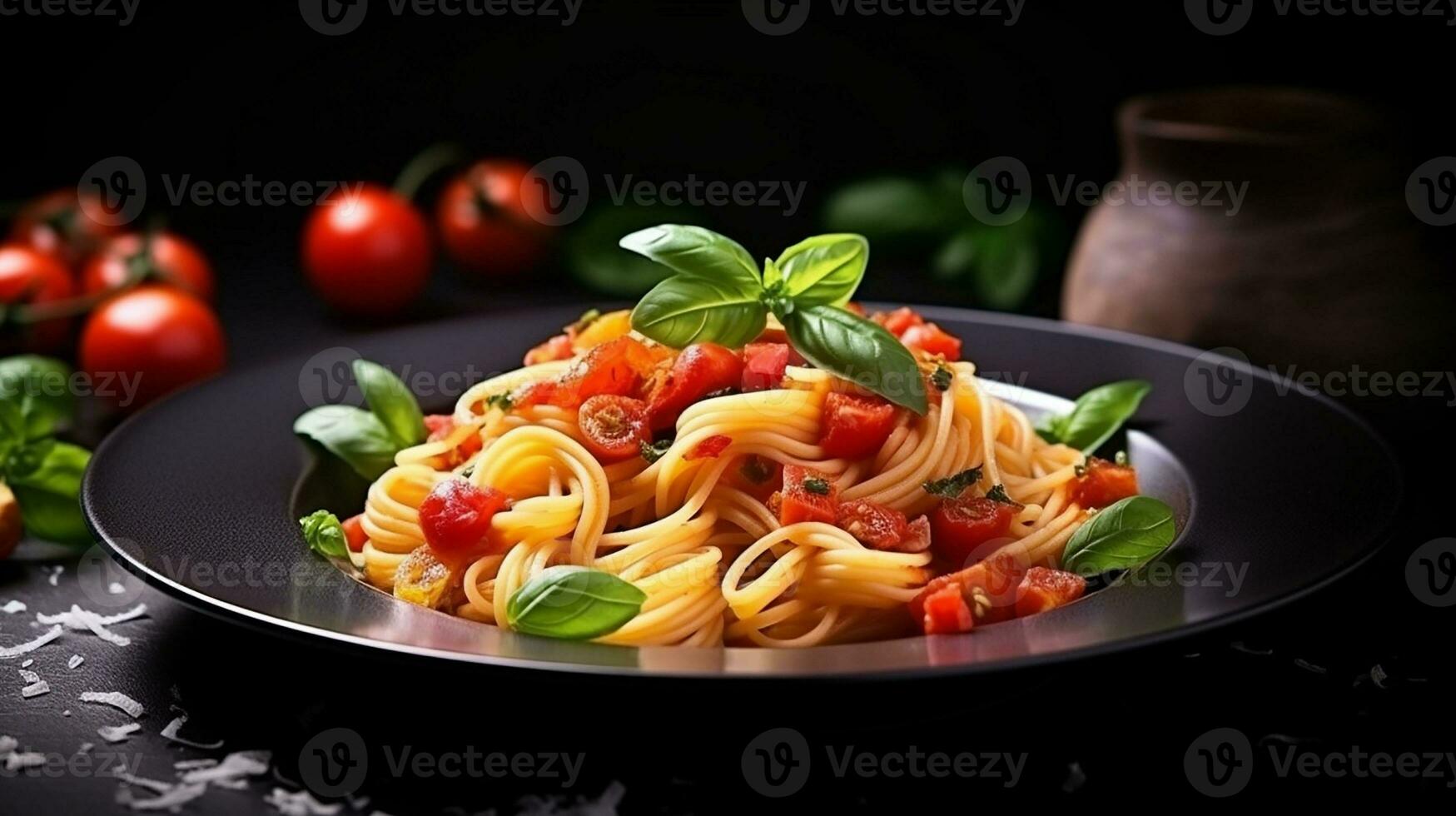 ai genererad pasta med tomater och basilika på en tallrik foto