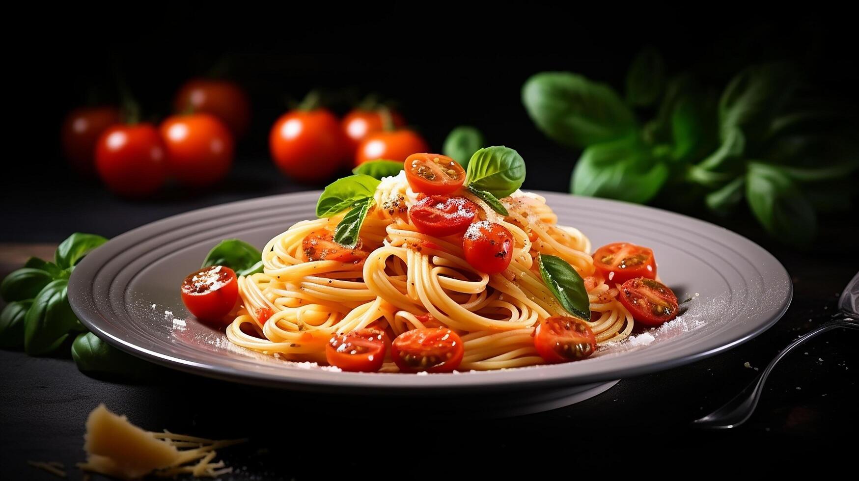 ai genererad pasta med tomat sås och basilika löv på en svart bakgrund foto