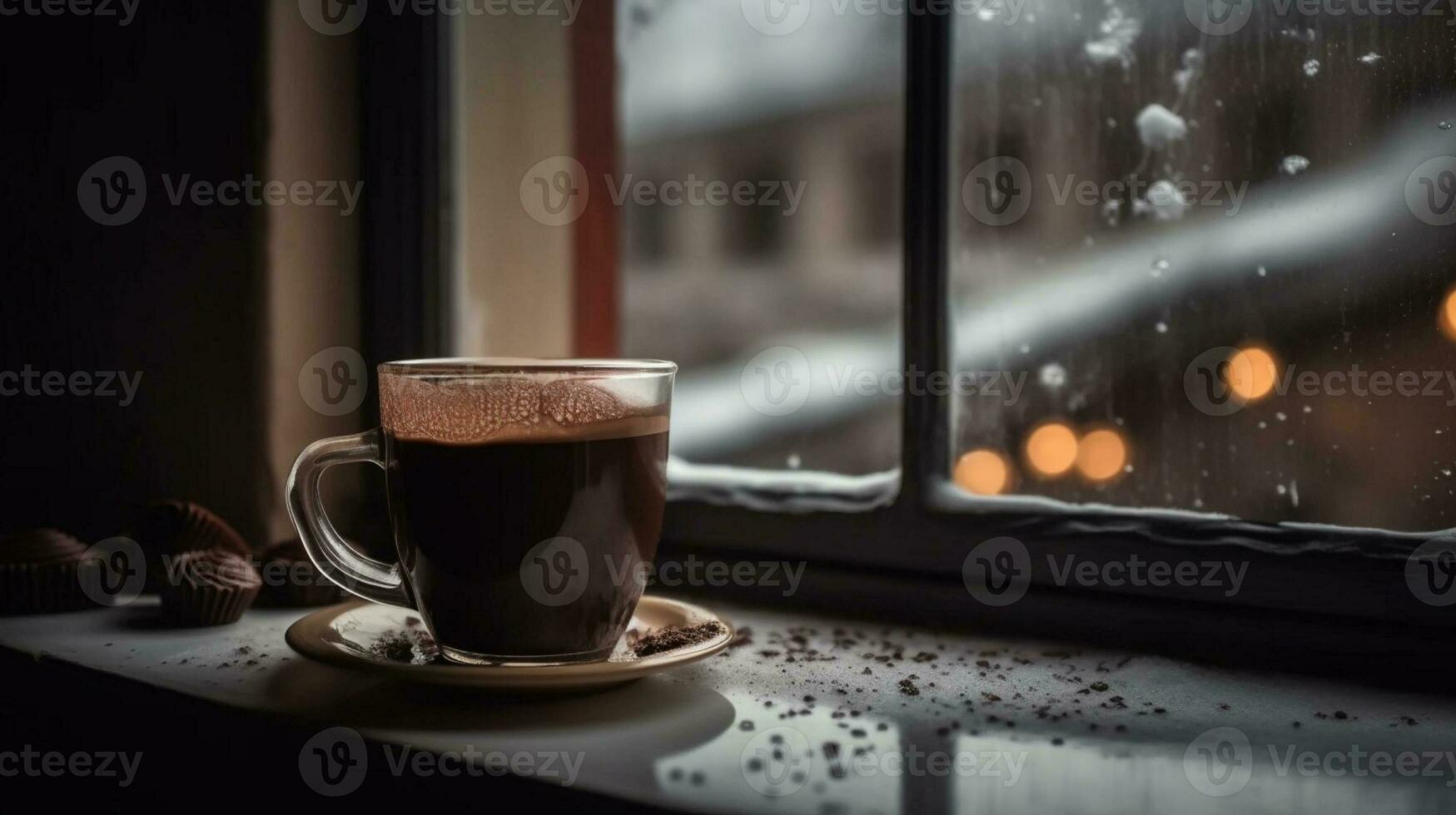 ai genererad varm choklad på en snöig och kall vinter- dag foto