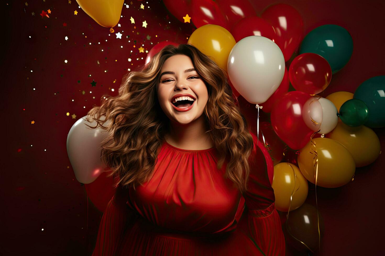 ai genererad Lycklig plus storlek kvinna ha på sig gul och röd klänningar på de fest, dekorerad med ballonger och konfetti foto