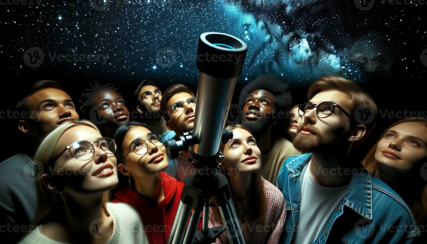 ai genererad grupp av vänner ser på de natt himmel använder sig av en teleskop. generativ ai foto