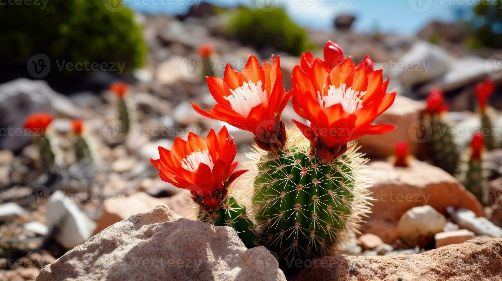 ai genererad kaktus i röd blomma i en vattenfri stenig fält. generativ ai foto