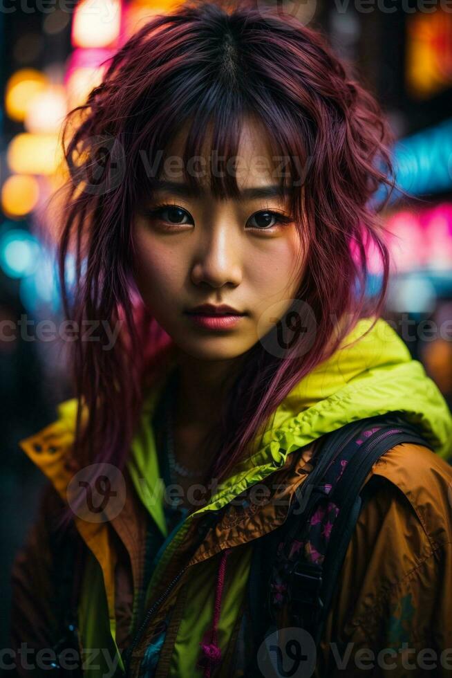 ai genererad ung kvinna med färgrik hår i neon lampor foto
