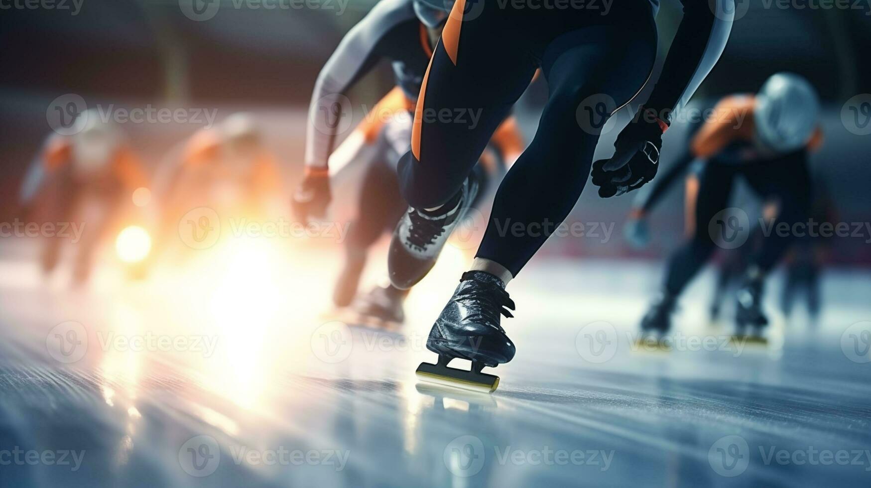 ai genererad skridskoåkning på is sporter arena. tävlingar i hastighet skridskoåkning ai generativ foto