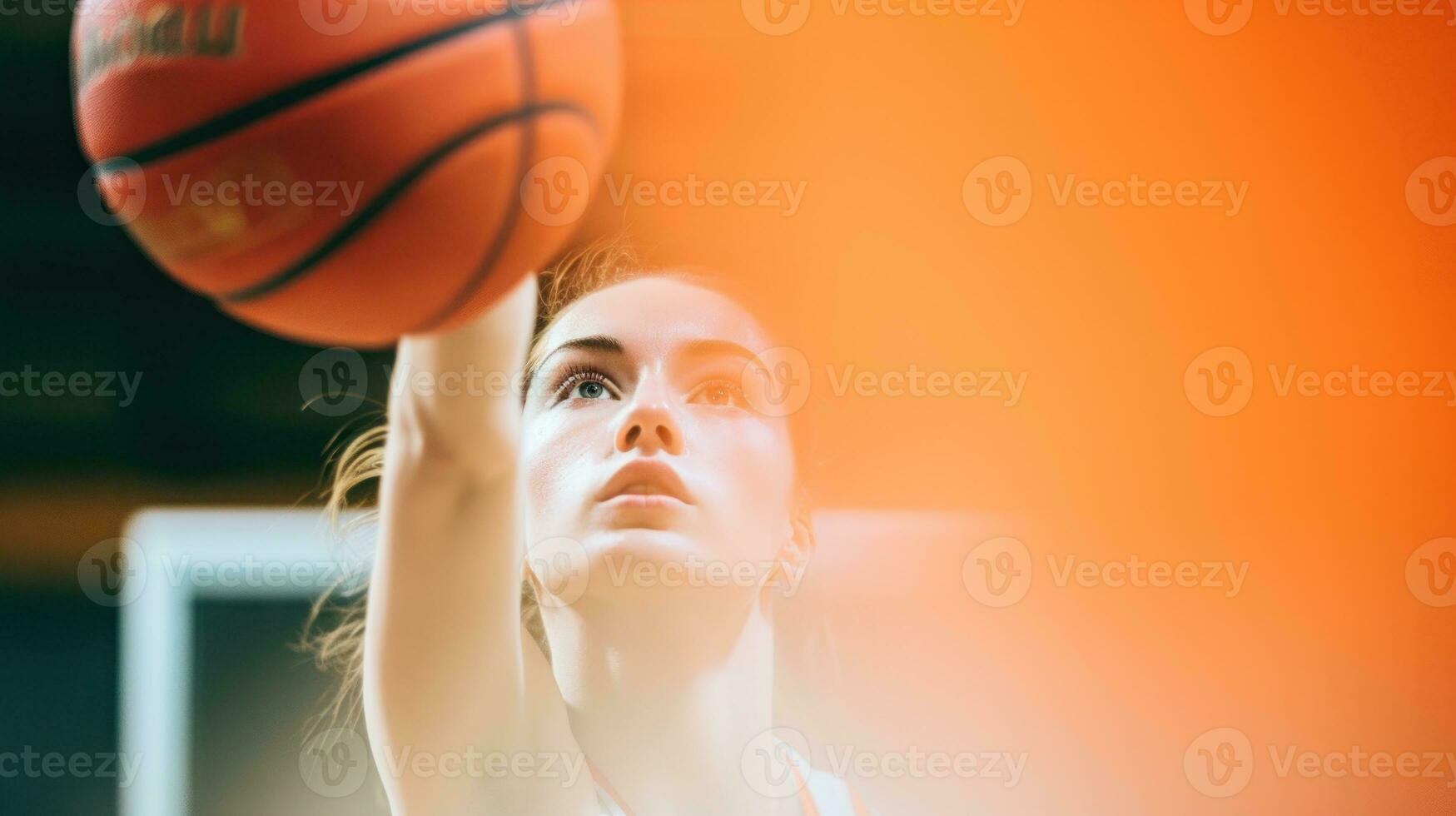 ai genererad en kvinna innehav en basketboll boll, redo till skjuta. generativ ai foto