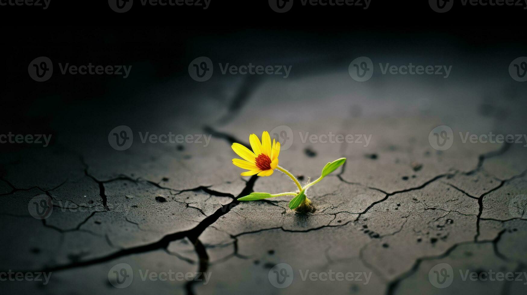 ai genererad en vibrerande gul blomma blommar mitt i knäckt jorden, visa upp elasticitet och skönhet i motgång. generativ ai foto