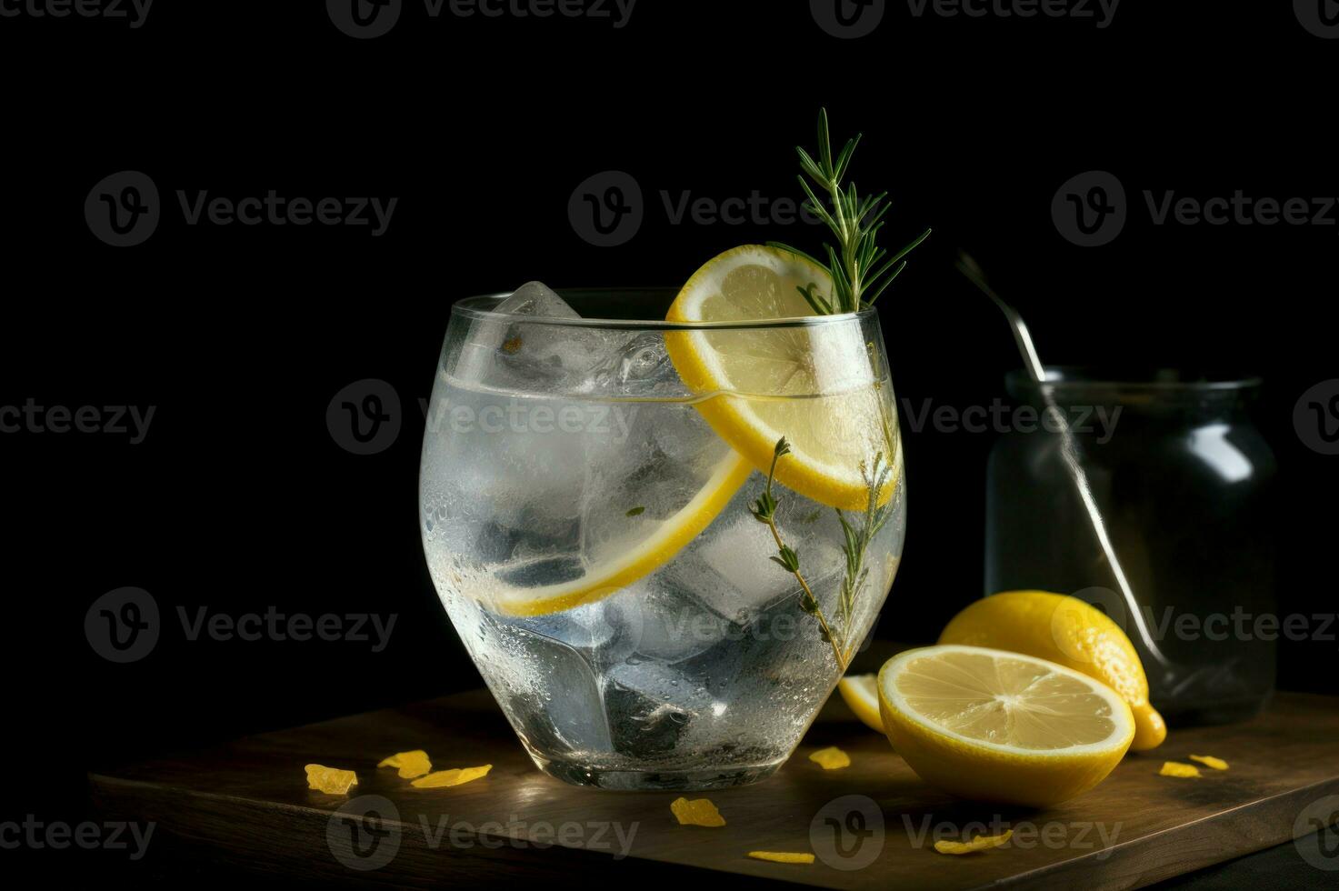 ai genererad gin tonic cocktail med citron- och rosmarin. generera ai foto