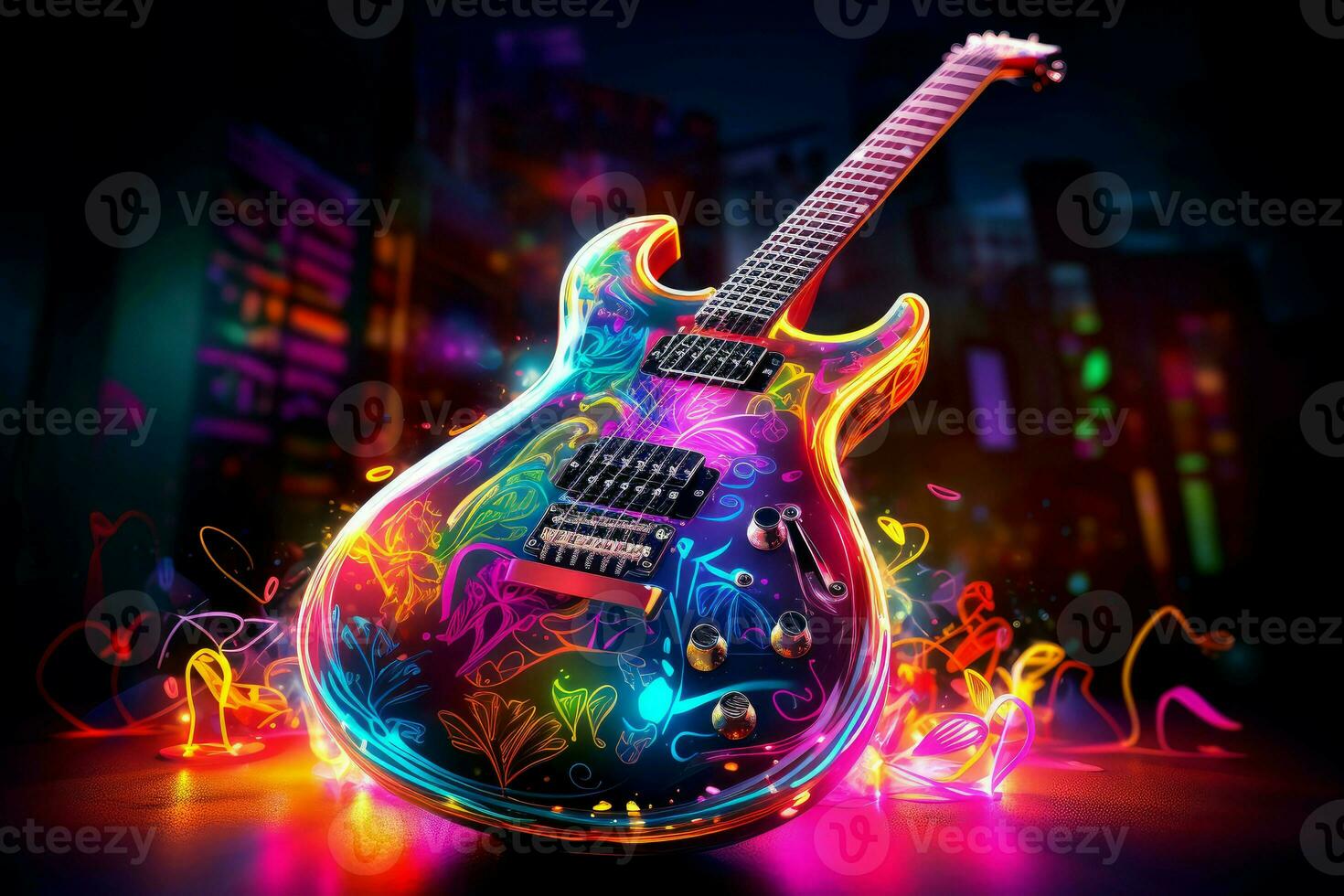 ai genererad elektrifierande gitarr neon. generera ai foto