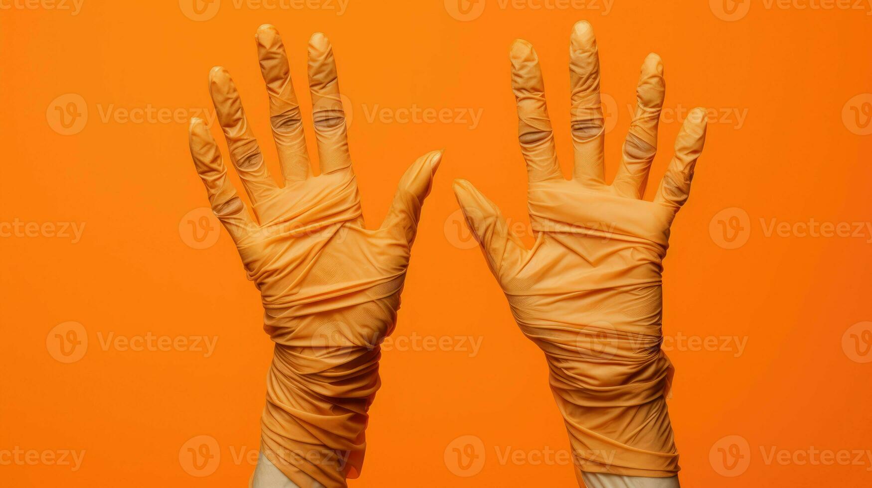 ai genererad Foto av två mamma händer på tömma orange bakgrund.