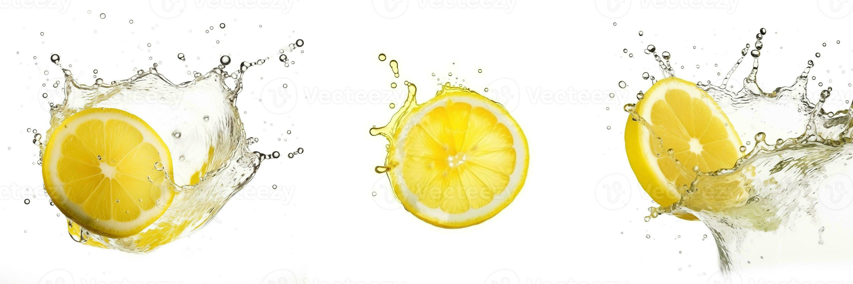 ai genererad uppsättning av citroner med juice stänk isolerat foto