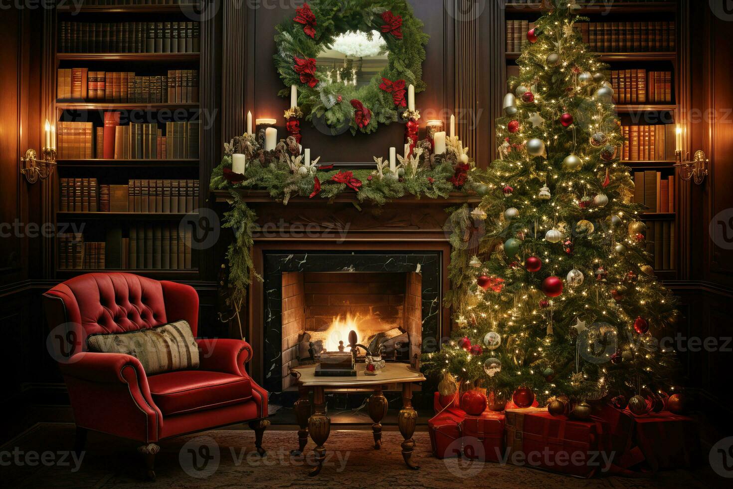 ai genererad årgång jul träd Utsmyckad med antik ornament, glitter, och klassisk sträng lampor, mysigt levande rum miljö med årgång möbel, en öppen spis foto