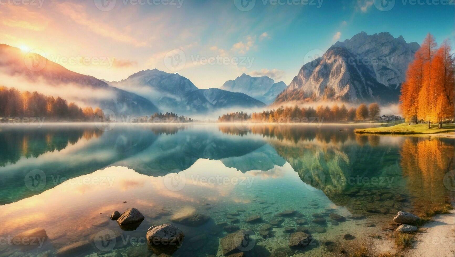 ai genererad höst morgon- landskap och reflekterande sjö reflekterande de skönhet av natur foto