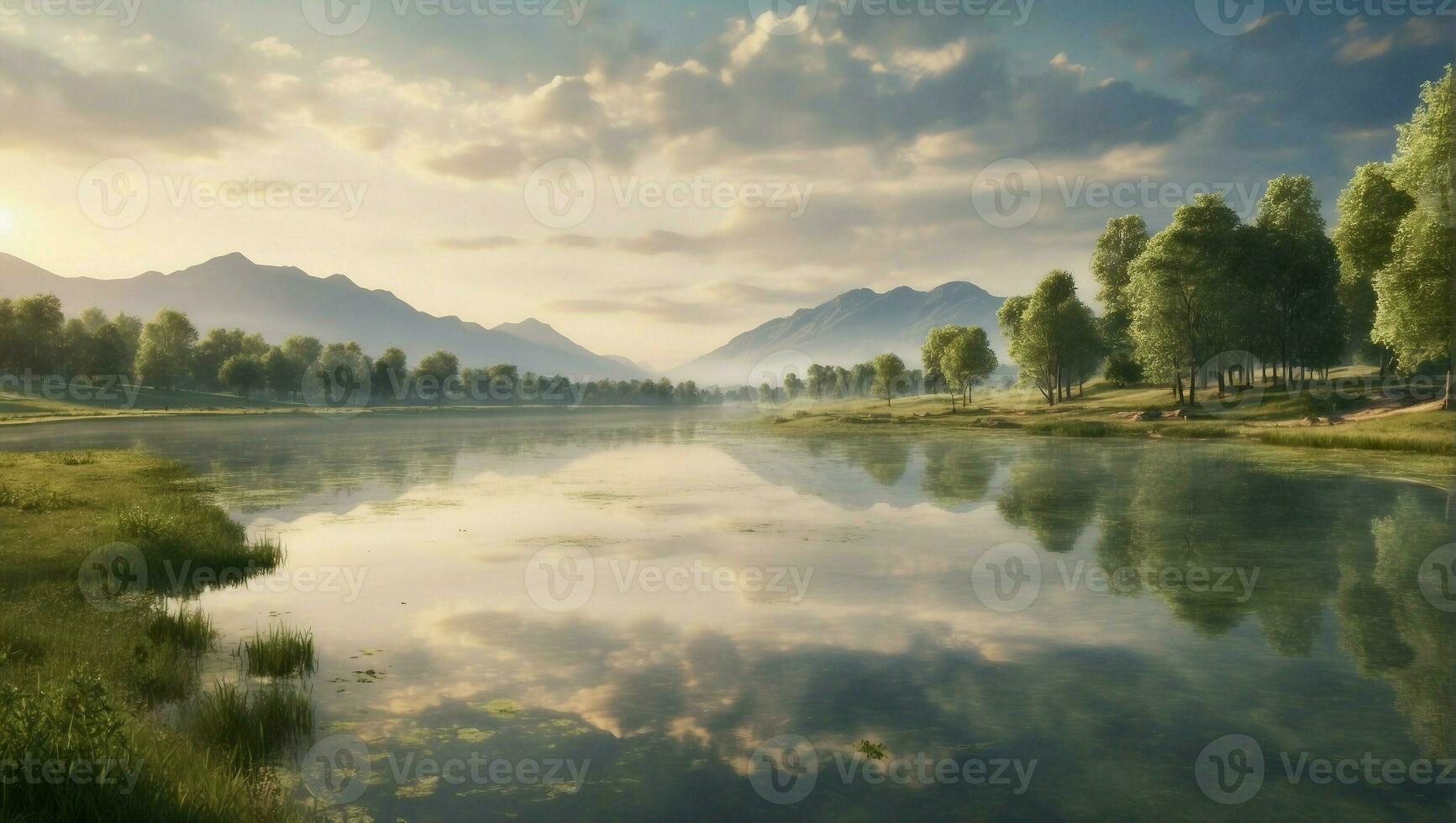 ai genererad fredlig gryning landskap med reflexion på sjö, träd, och himmel foto