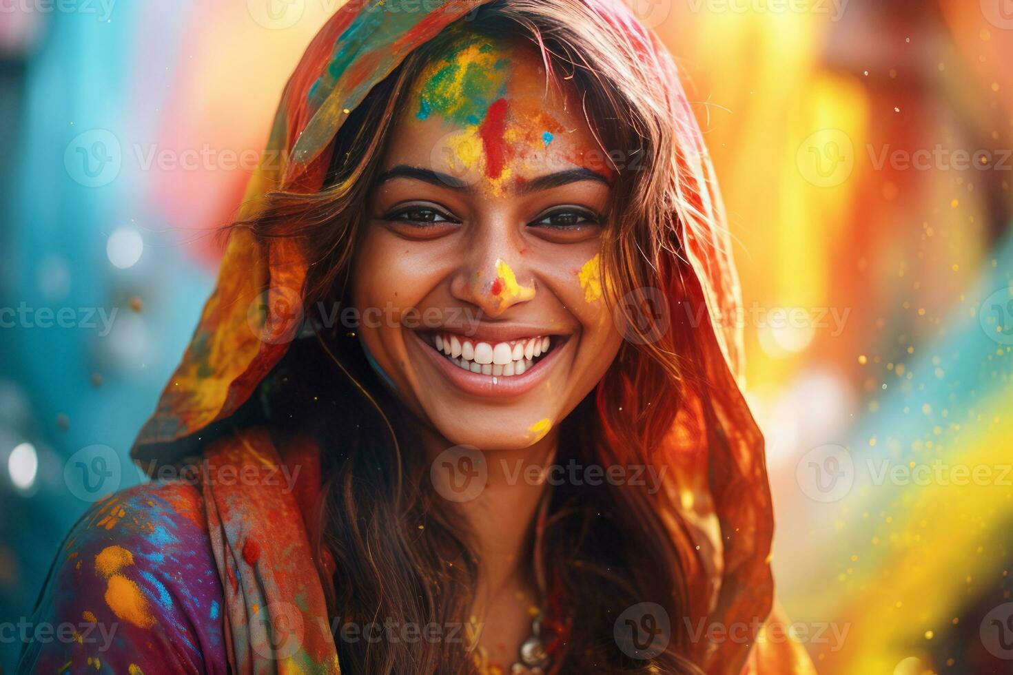 ai genererad porträtt av en ung kvinna på de holi festival, uttrycker glädje. ai generativ. foto