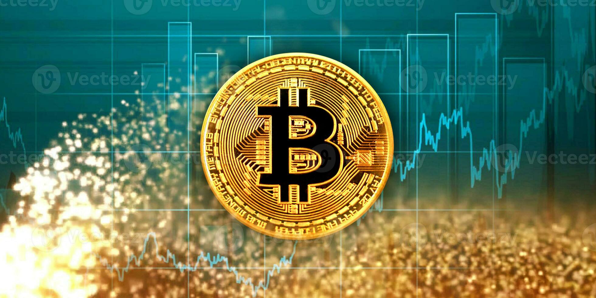 bitcoin. kryptovaluta. gyllene mynt med bitcoin symbol på de bakgrund av de stock Diagram. foto