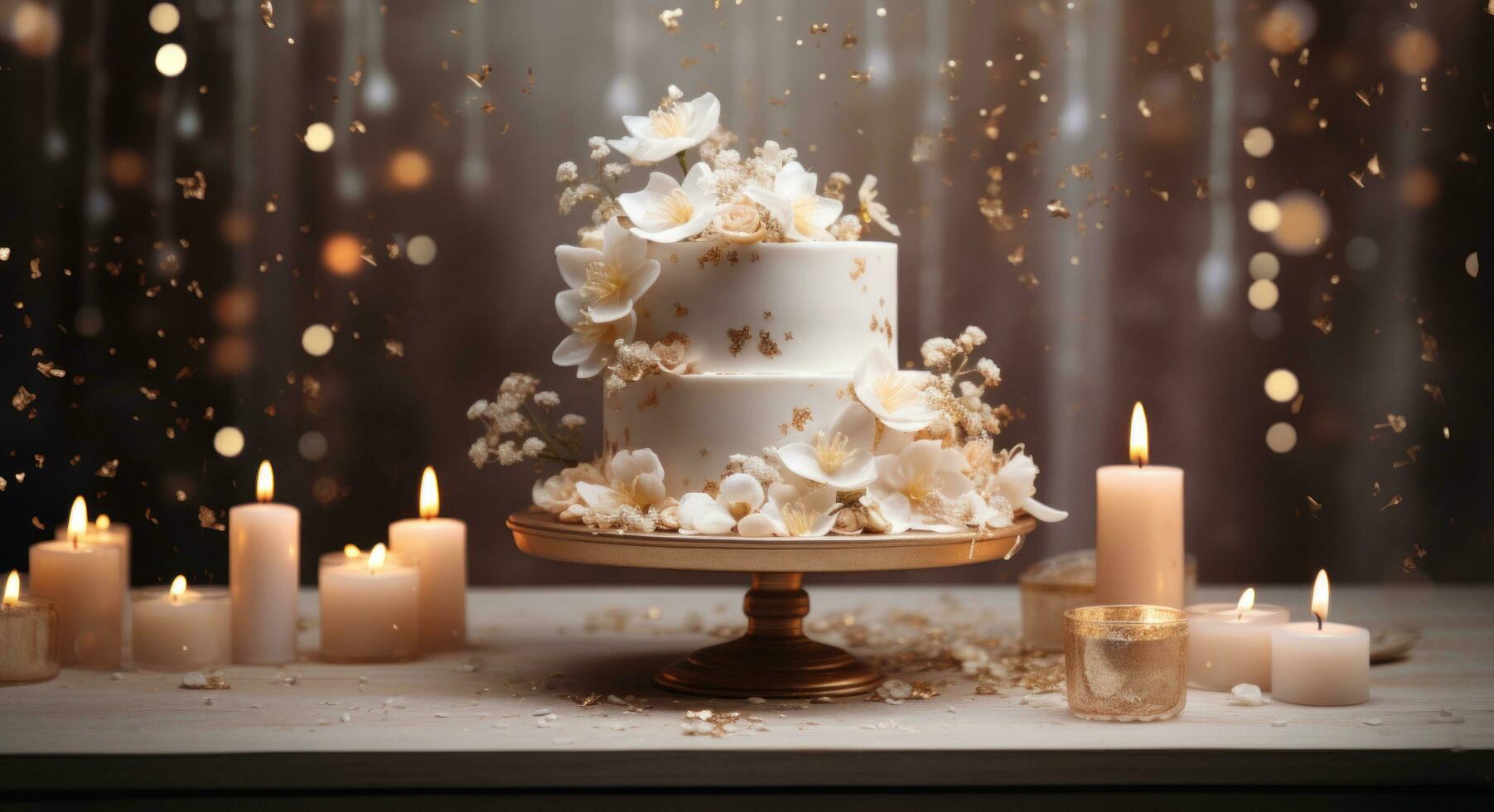 ai genererad bröllop kaka med vit blommor och gyllene stjärnor på en vit tabell, foto