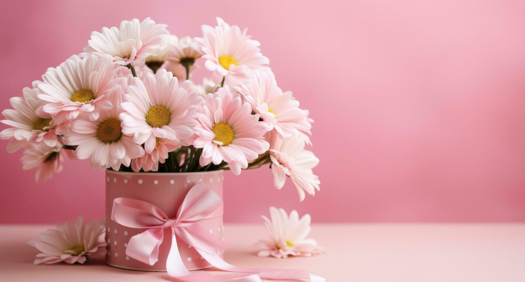 ai genererad rosa band och rosa daisy med vit blommor på rosa bakgrund foto