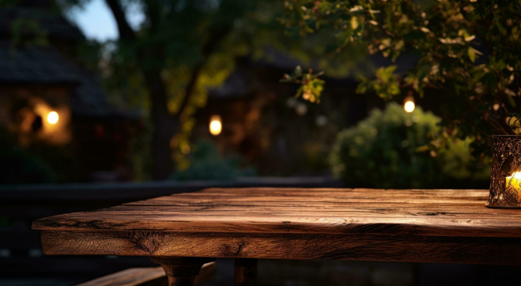 ai genererad Foto av utomhus- tabell med lampor på fläck i de natt