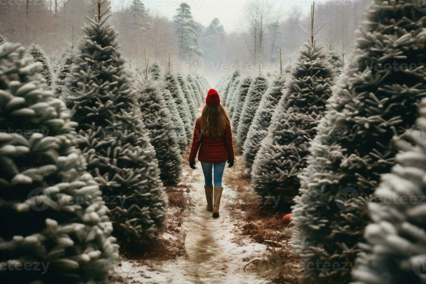 ai genererad en flicka i en röd hatt promenader längs de väg bland de jul träd odla. foto