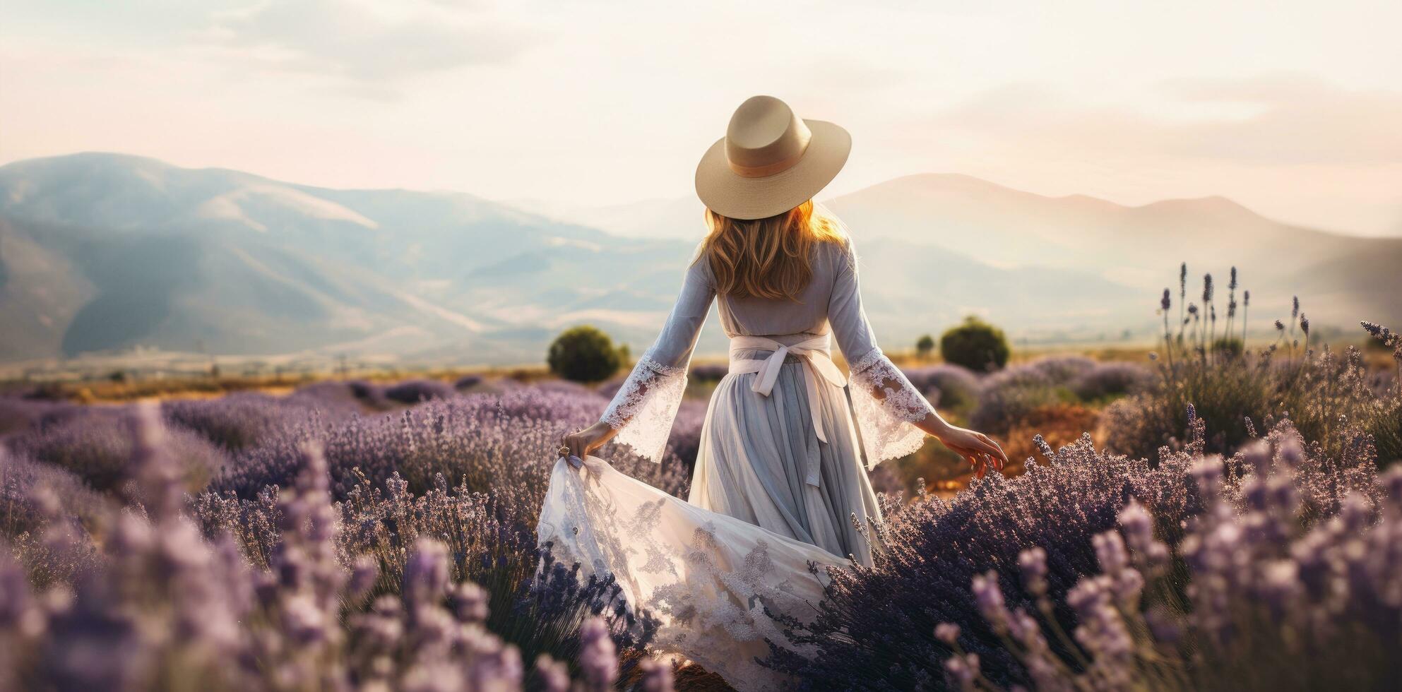 ai genererad en kvinna i vit hatt och klänning stående i de lavendel- blommor foto