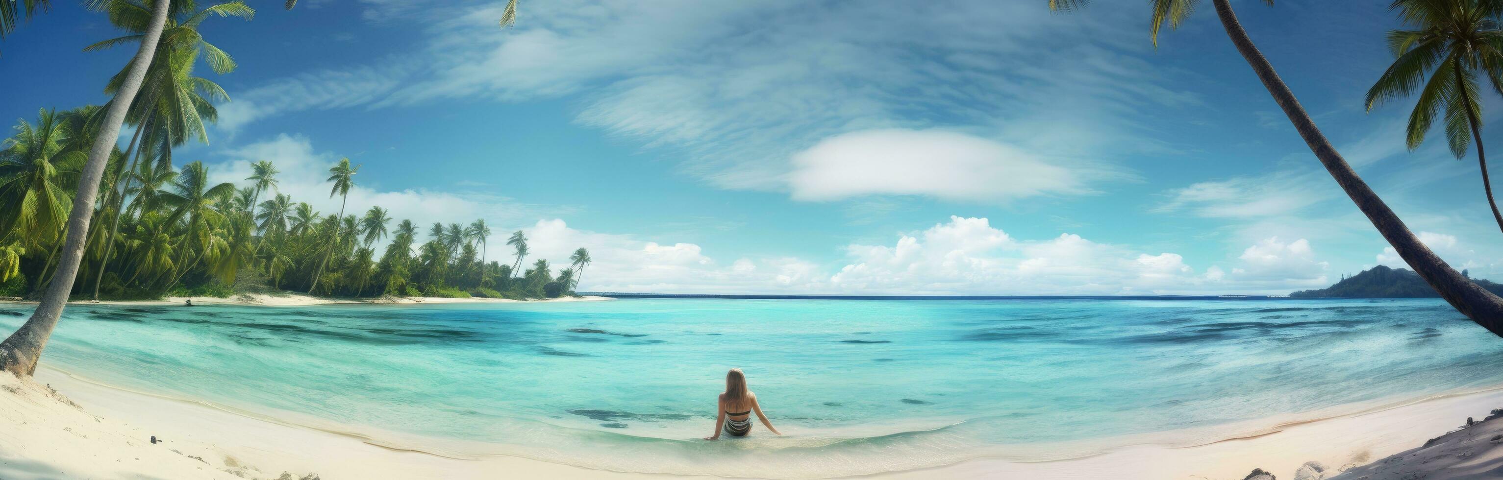 ai genererad en kvinna är avkopplande på en tropisk strand omgiven förbi handflatan träd foto