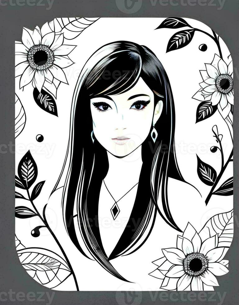 ai genererad fantasi generativ ai på de tema av belladonna. svart och vit porträtt av en saga kvinna i blommig stil. foto
