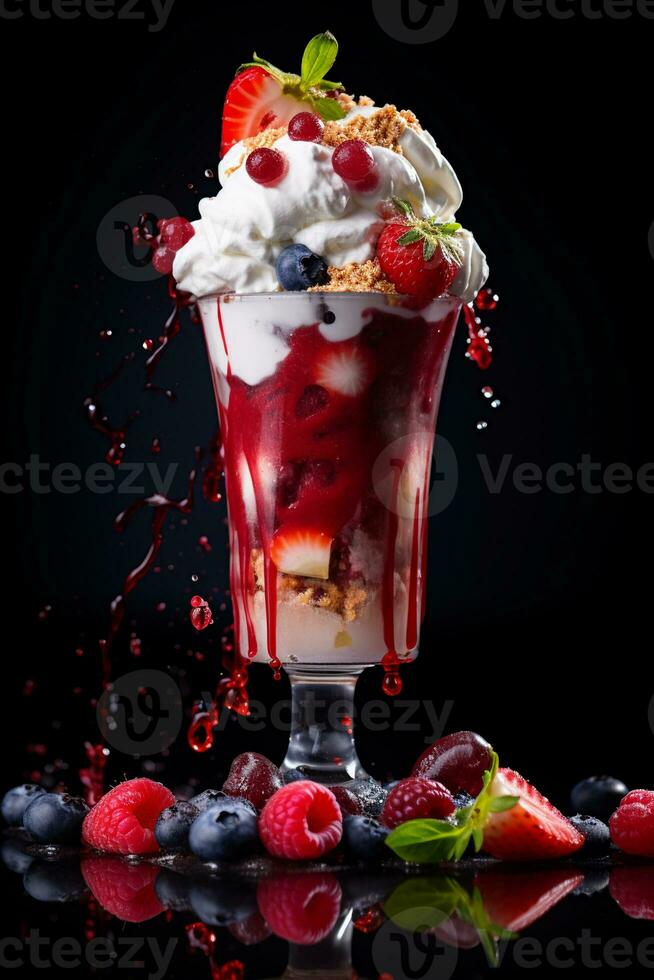 ai genererad jordgubb milkshake med vispad grädde och körsbär på topp, retro efterrätt garnering foto