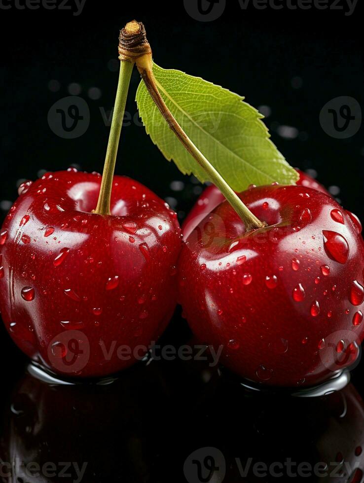 ai genererad färsk mogen körsbär på svart bakgrund, saftig och gott frukt, friska mat foto