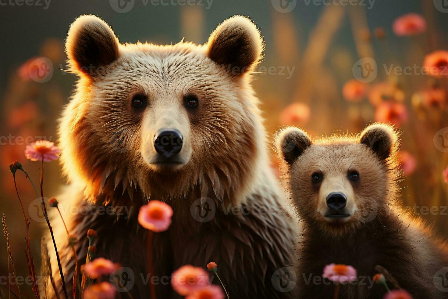 ai genererad grizzly mor och två ungar på berg backe foto