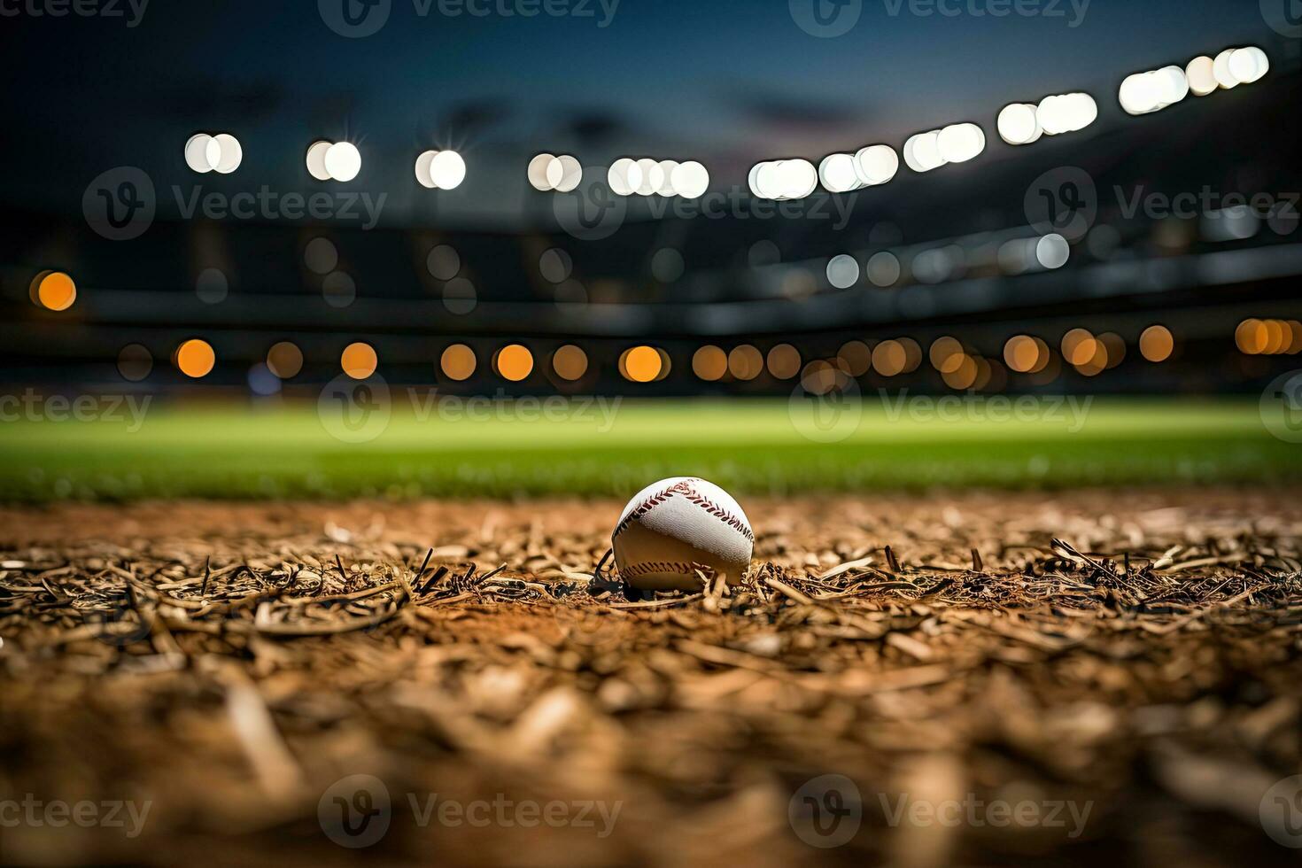 ai genererad sport stadion med baseboll boll på natt bakgrund för bakgrund annons foto