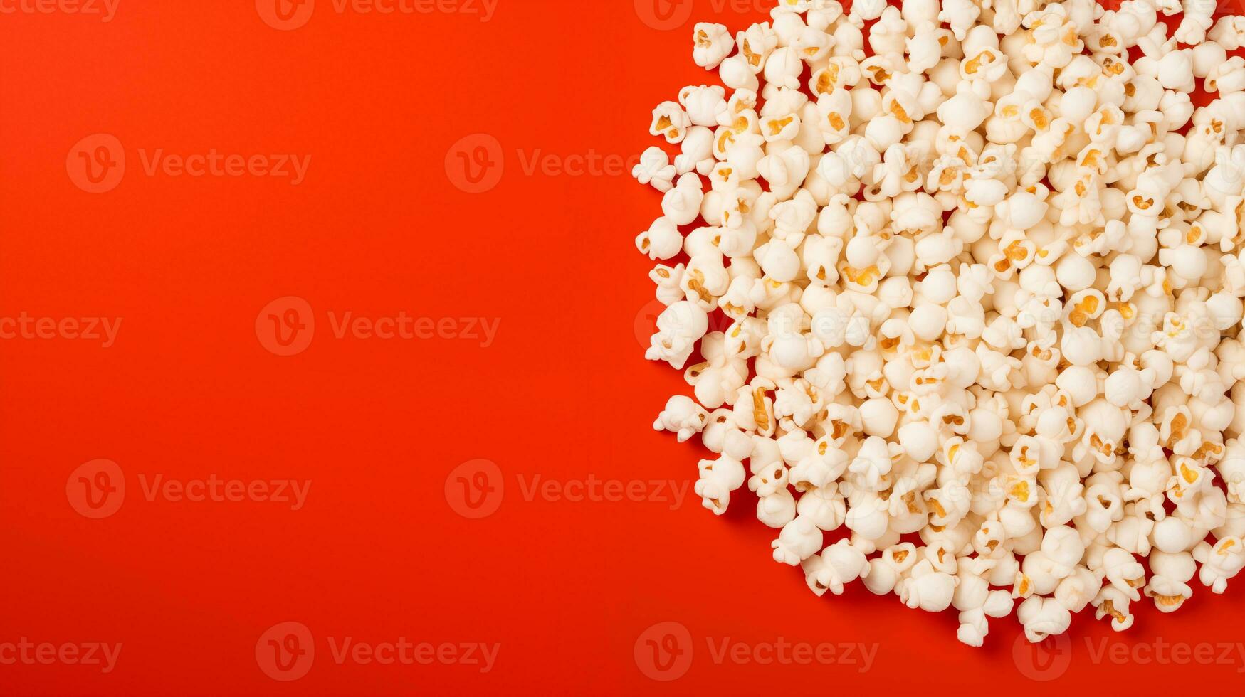 ai genererad popcorn spridd på en röd bakgrund. en klassisk film teater mellanmål. se från ovan. foto