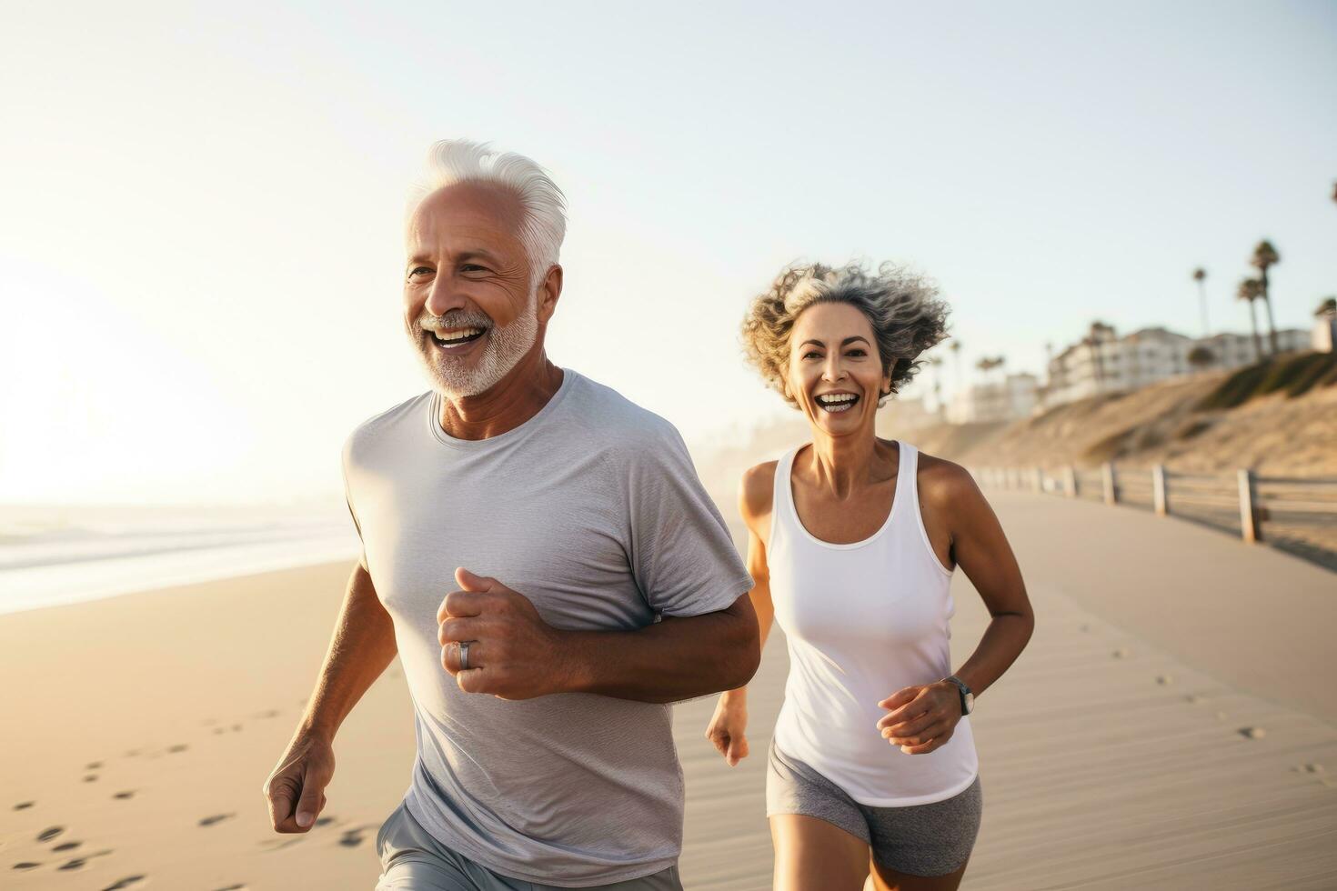 ai genererad glad senior par joggning på de strand. de är ser på kamera och leende, aktiva passa mogna par löpning på santa monica strand promenaden pacific hav i bakgrund foto